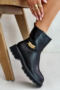 Skórzane Botki Damskie Z Paskiem Ocieplane GOE OO2N4150 Czarne