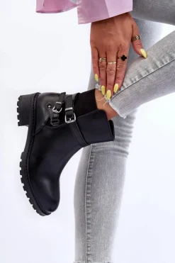 Skórzane Botki Damskie Z Paskami Czarne Minks