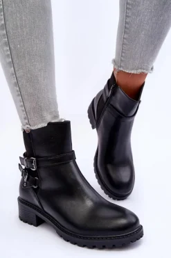 Skórzane Botki Damskie Z Paskami Czarne Minks