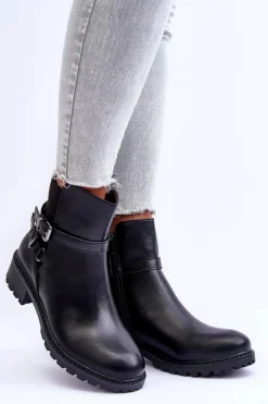 Skórzane Botki Damskie Z Paskami Czarne Minks