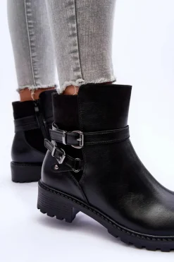 Skórzane Botki Damskie Z Paskami Czarne Minks