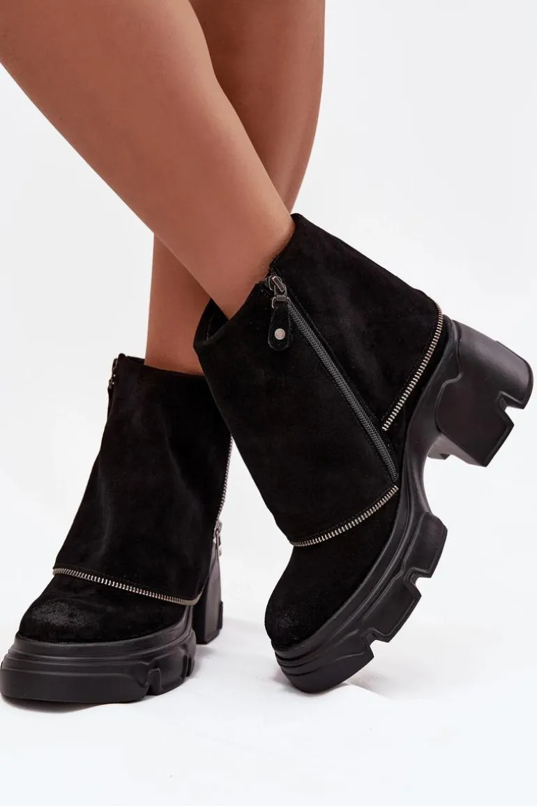 Skórzane Botki Damskie Z Wywiniętą Cholewką Maciejka 07145-01 Czarne