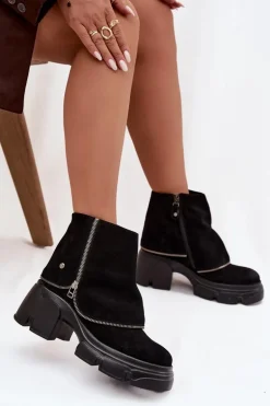 Skórzane Botki Damskie Z Wywiniętą Cholewką Maciejka 07145-01 Czarne