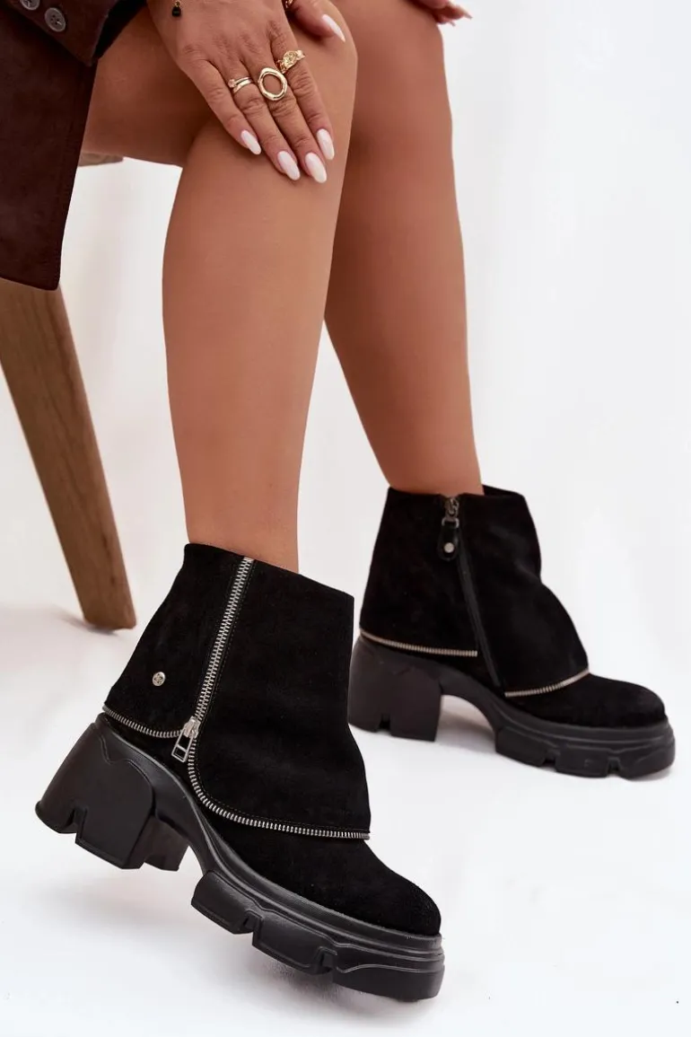 Skórzane Botki Damskie Z Wywiniętą Cholewką Maciejka 07145-01 Czarne