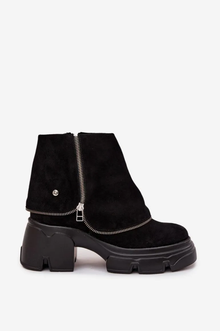 Skórzane Botki Damskie Z Wywiniętą Cholewką Maciejka 07145-01 Czarne