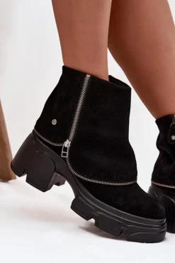 Skórzane Botki Damskie Z Wywiniętą Cholewką Maciejka 07145-01 Czarne