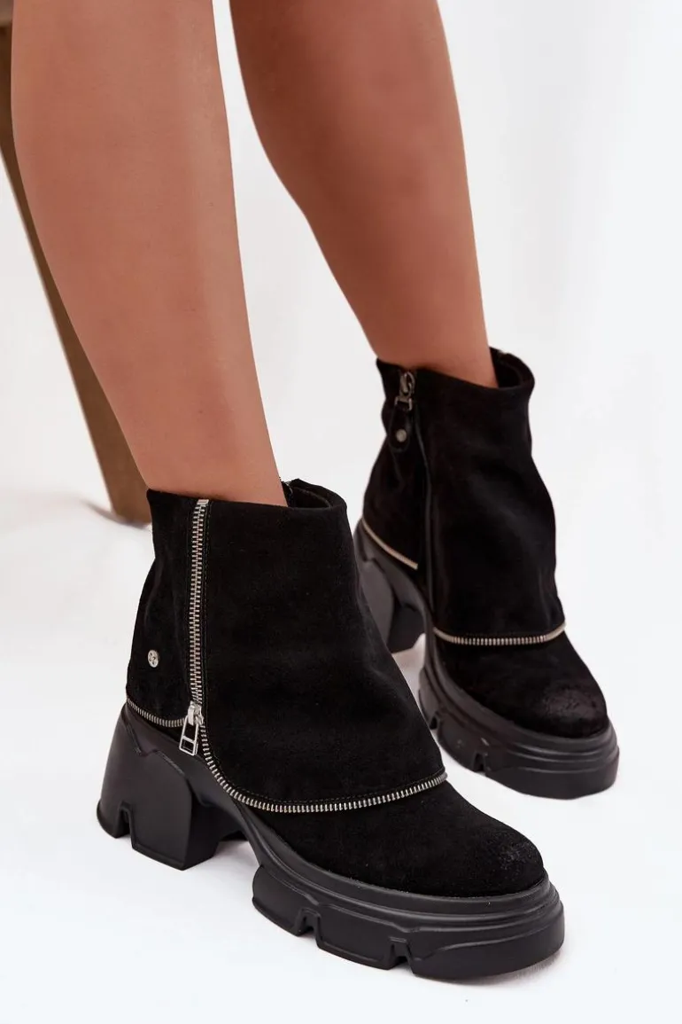 Skórzane Botki Damskie Z Wywiniętą Cholewką Maciejka 07145-01 Czarne