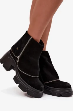 Skórzane Botki Damskie Z Wywiniętą Cholewką Maciejka 07145-01 Czarne