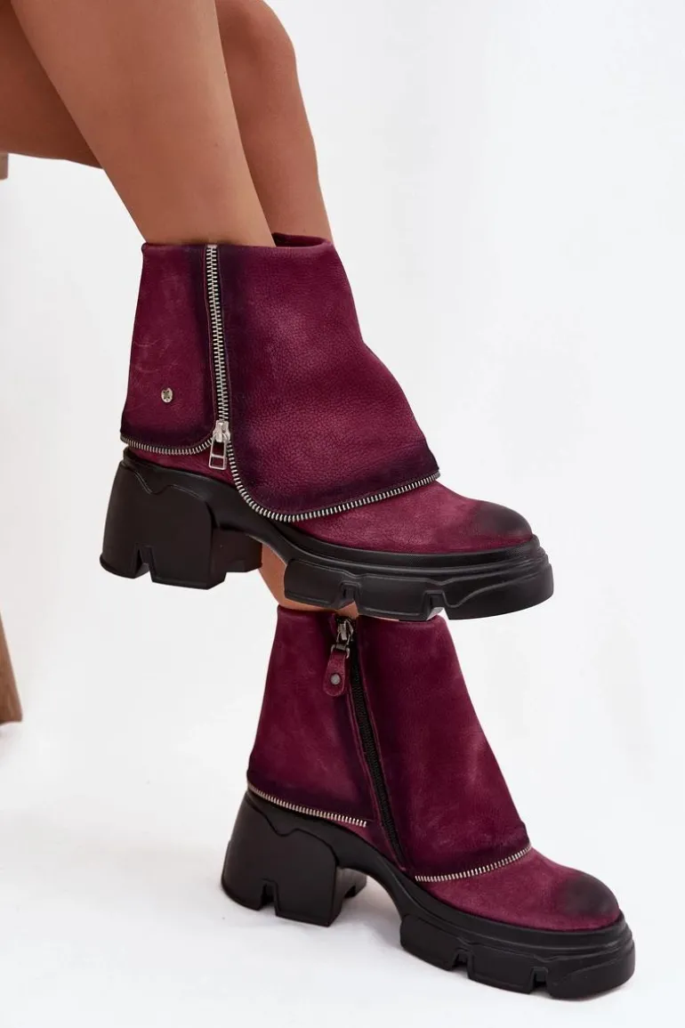 Skórzane Botki Damskie Z Wywiniętą Cholewką Maciejka 07145-23 Bordowe