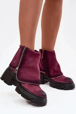 Skórzane Botki Damskie Z Wywiniętą Cholewką Maciejka 07145-23 Bordowe