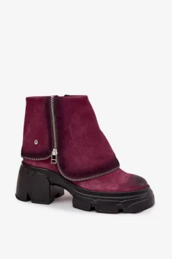 Skórzane Botki Damskie Z Wywiniętą Cholewką Maciejka 07145-23 Bordowe