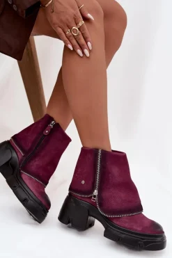 Skórzane Botki Damskie Z Wywiniętą Cholewką Maciejka 07145-23 Bordowe