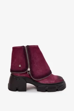 Skórzane Botki Damskie Z Wywiniętą Cholewką Maciejka 07145-23 Bordowe