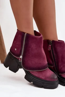 Skórzane Botki Damskie Z Wywiniętą Cholewką Maciejka 07145-23 Bordowe