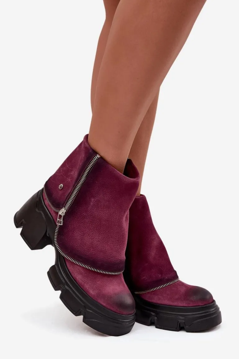 Skórzane Botki Damskie Z Wywiniętą Cholewką Maciejka 07145-23 Bordowe