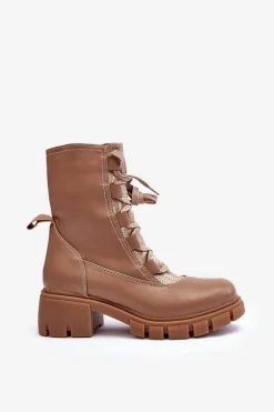 Skórzane Botki Damskie Z Wiązaniem Beżowe Doreli