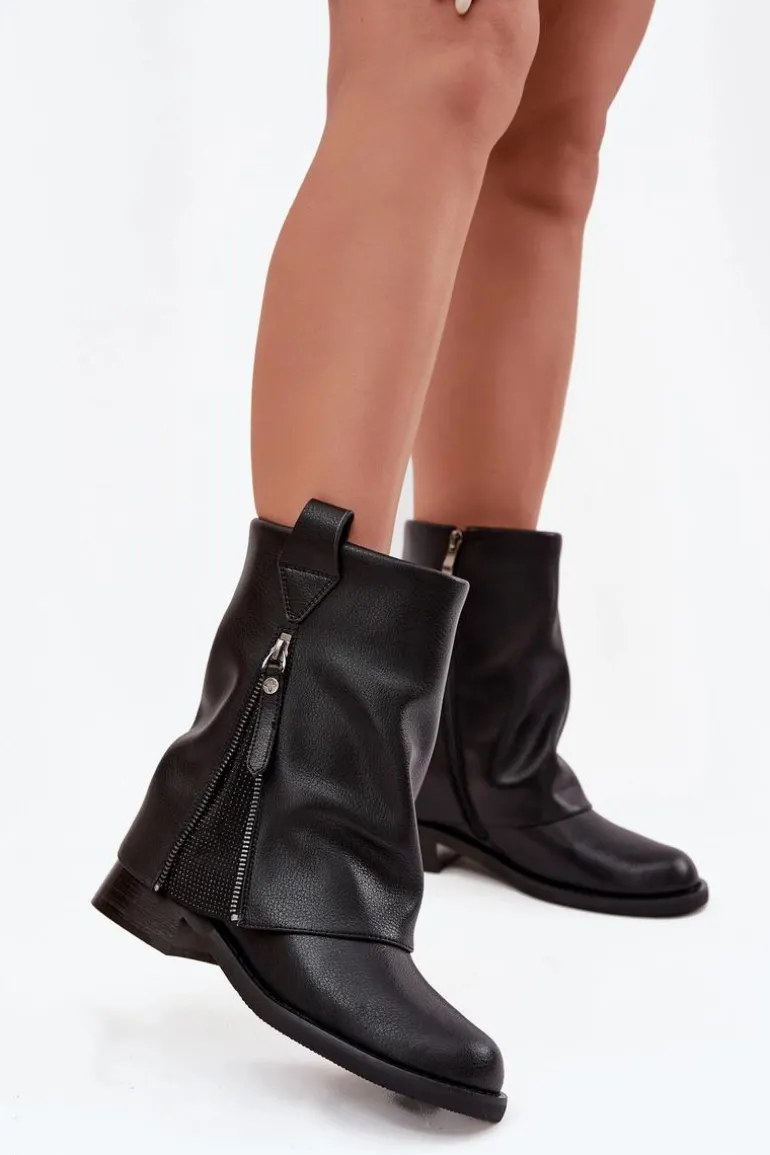 Skórzane Botki Damskie Z Wywiniętą Cholewką Na Klocku Maciejka K7213-01 Czarne