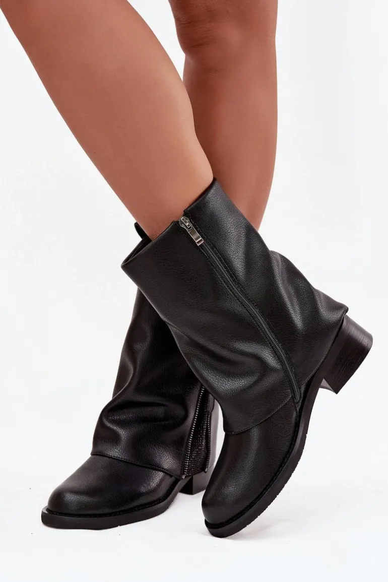 Skórzane Botki Damskie Z Wywiniętą Cholewką Na Klocku Maciejka K7213-01 Czarne