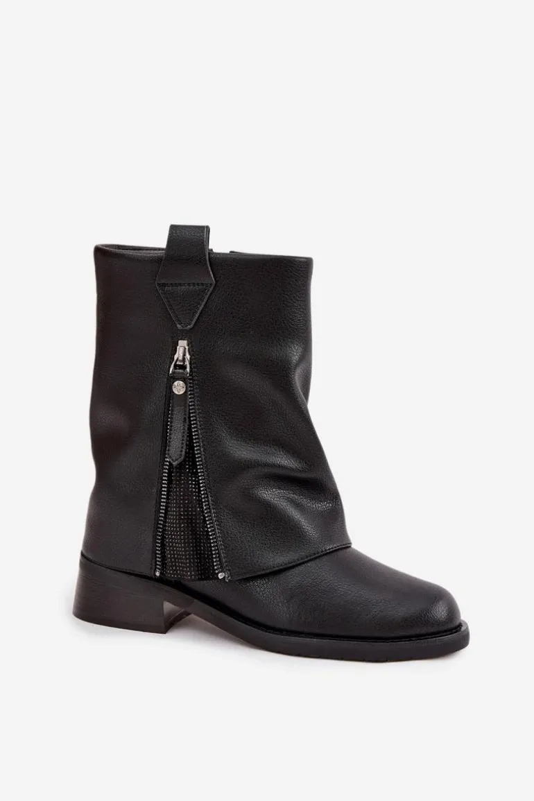 Skórzane Botki Damskie Z Wywiniętą Cholewką Na Klocku Maciejka K7213-01 Czarne