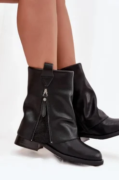 Skórzane Botki Damskie Z Wywiniętą Cholewką Na Klocku Maciejka K7213-01 Czarne