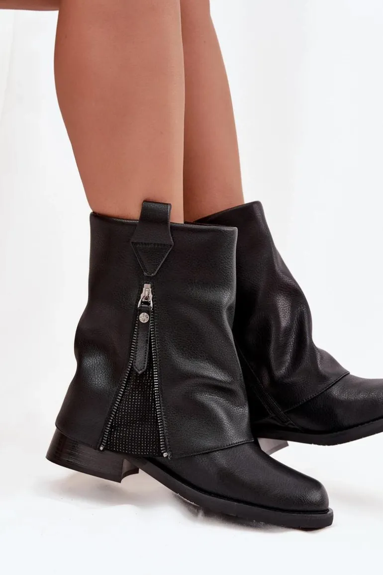 Skórzane Botki Damskie Z Wywiniętą Cholewką Na Klocku Maciejka K7213-01 Czarne