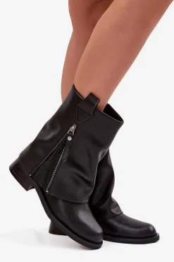 Skórzane Botki Damskie Z Wywiniętą Cholewką Na Klocku Maciejka K7213-01 Czarne