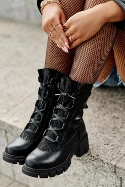 Skórzane Botki Damskie Z Wiązaniem Czarne Doreli