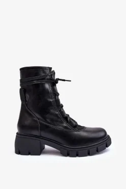 Skórzane Botki Damskie Z Wiązaniem Czarne Doreli