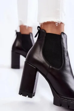 Skórzane Botki Gładkie Na Słupku Czarne Eldey