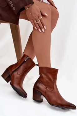 Skórzane Botki Kowbojki Damskie Na Słupku Ocieplane Zazoo 60565 Brązowe