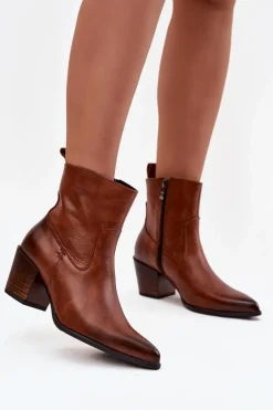 Skórzane Botki Kowbojki Damskie Na Słupku Ocieplane Zazoo 60565 Brązowe