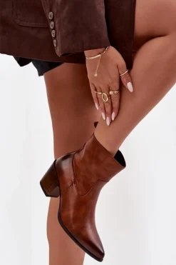 Skórzane Botki Kowbojki Damskie Na Słupku Ocieplane Zazoo 60565 Brązowe