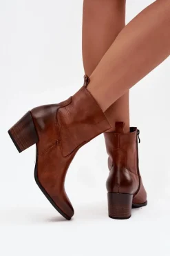 Skórzane Botki Kowbojki Damskie Na Słupku Ocieplane Zazoo 60565 Brązowe