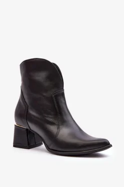 Skórzane Botki Kowbojki Damskie Na Obcasie Czarne Lewski 3166/B/2