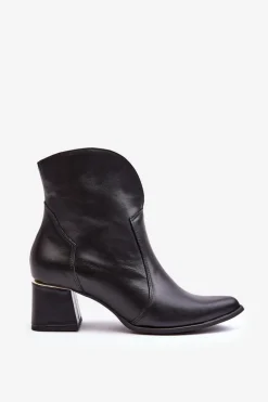 Skórzane Botki Kowbojki Damskie Na Obcasie Czarne Lewski 3166/B/2