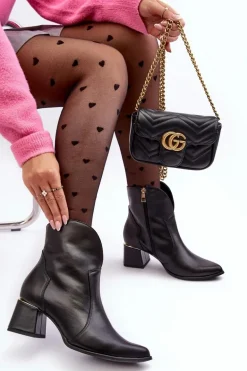 Skórzane Botki Kowbojki Damskie Na Obcasie Czarne Lewski 3166/B/2