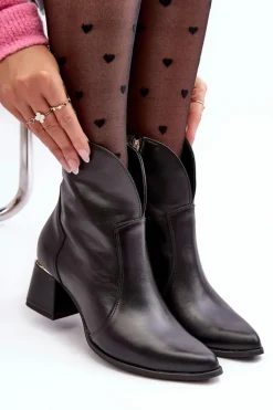 Skórzane Botki Kowbojki Damskie Na Obcasie Czarne Lewski 3166/B/2