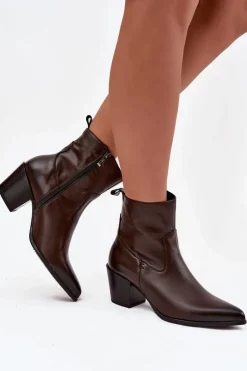Skórzane Botki Kowbojki Damskie Na Słupku Ocieplane Zazoo 60565 Czekoladowe