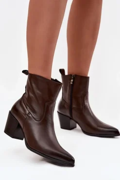 Skórzane Botki Kowbojki Damskie Na Słupku Ocieplane Zazoo 60565 Czekoladowe