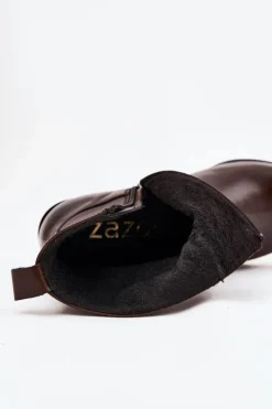 Skórzane Botki Kowbojki Damskie Na Słupku Ocieplane Zazoo 60565 Czekoladowe