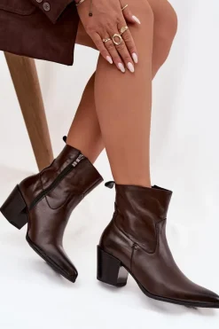 Skórzane Botki Kowbojki Damskie Na Słupku Ocieplane Zazoo 60565 Czekoladowe