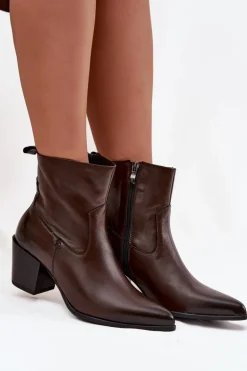 Skórzane Botki Kowbojki Damskie Na Słupku Ocieplane Zazoo 60565 Czekoladowe