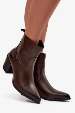 Skórzane Botki Kowbojki Damskie Na Słupku Ocieplane Zazoo 60565 Czekoladowe