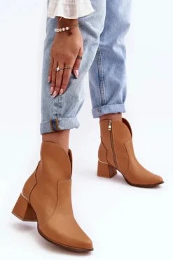 Skórzane Botki Kowbojki Damskie Na Obcasie Camel Lewski 3166/B/2