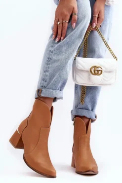 Skórzane Botki Kowbojki Damskie Na Obcasie Camel Lewski 3166/B/2