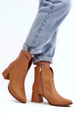 Skórzane Botki Kowbojki Damskie Na Obcasie Camel Lewski 3166/B/2