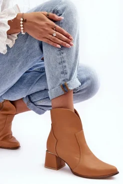 Skórzane Botki Kowbojki Damskie Na Obcasie Camel Lewski 3166/B/2