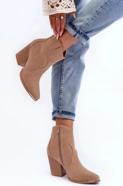 Skórzane Botki Kowbojki Na Obcasie Beżowe Lotoune