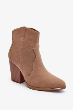 Skórzane Botki Kowbojki Na Obcasie Beżowe Lotoune