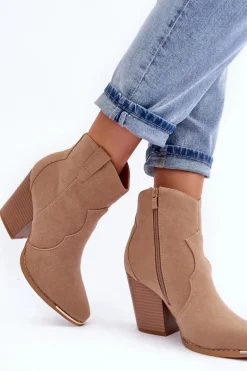 Skórzane Botki Kowbojki Na Obcasie Beżowe Lotoune